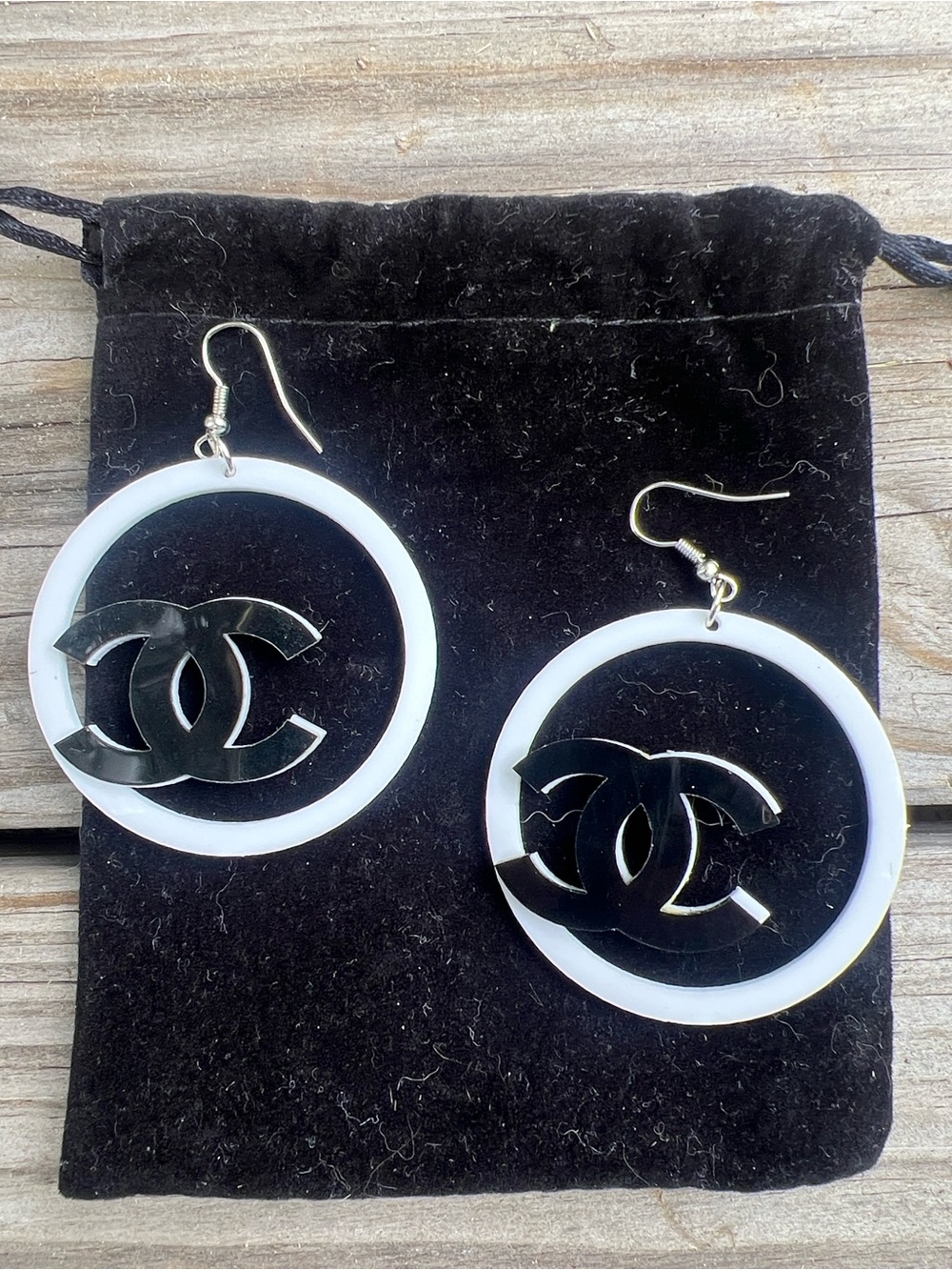 CHANEL Black and White Double C Hoop Earrings